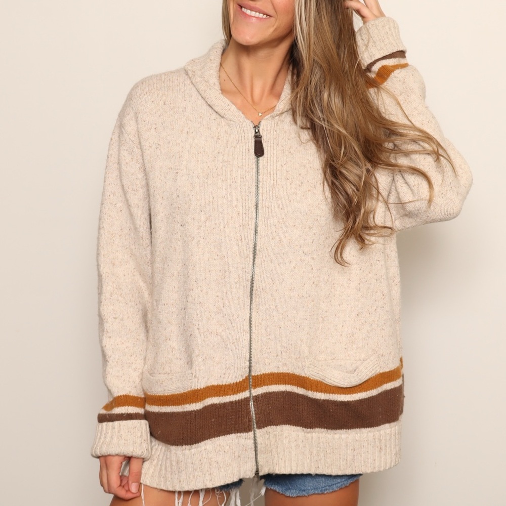 Vintage 70s Style Wool Blend Beige Zip-Up Cardigan with Brown Stripes - Picture 2 of 4